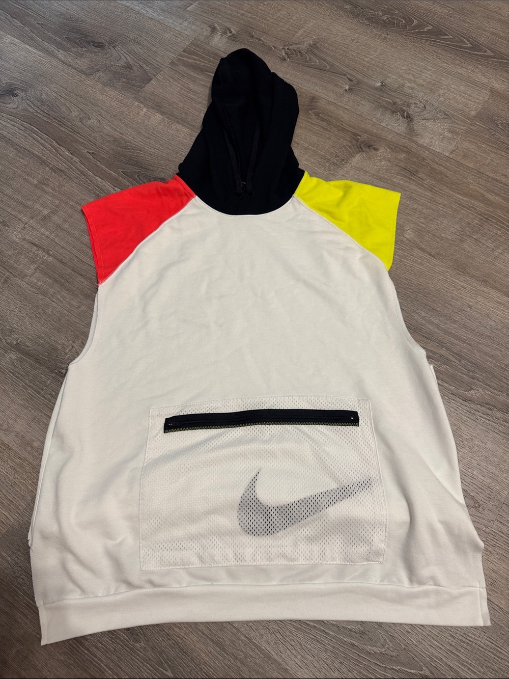 Nike White Colorblock Sleeveless Hoodie with Red & Yellow Accents